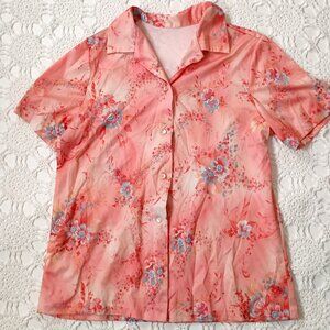 Vtg 70s Blouse Top Shirt Button Up Short Sleeve Pink Blue Floral Large Women